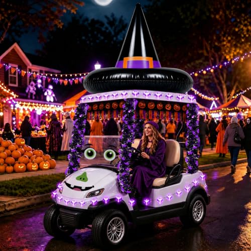 Halloween Golf Cart Decorations Kit with Inflatable Witch Hat, LED Bat Lights & Banners