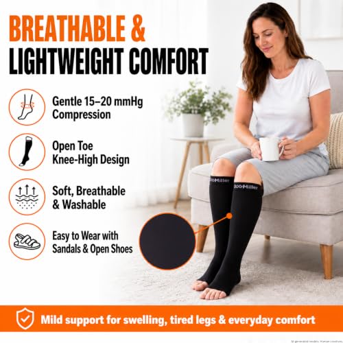 Doc Miller Open Toe Compression Socks 15-20 mmHg X-Large Regular Black (Unisex)