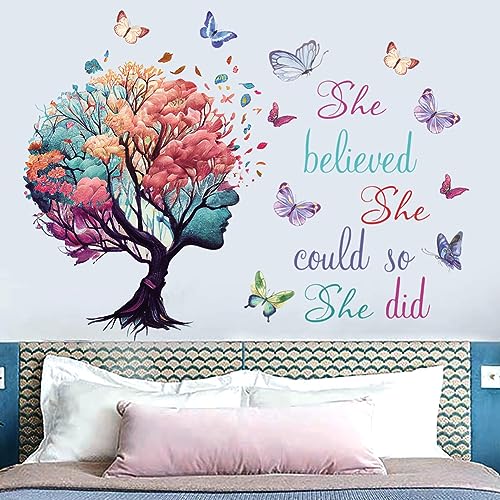 Inspirational Quote Wall Decal - She Believed She Could Tree & Butterfly Art