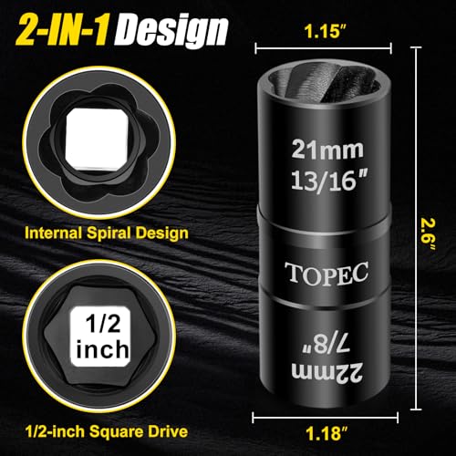 Topec 21mm x 22mm Flip Lug Nut Extractor, 1/2" Drive Lug Nut Removal Tool, 2-IN-1 Wheel Lock Remover Socket