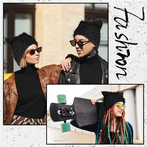 Distressed Knitted Cat Ear Beanie Hat - Black
