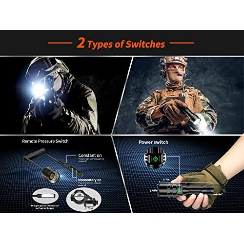 Tactical Flashlight,1600LM Light for 984FT Beam Distance, IP65 Waterproof Level 5 Lighting Modes Picatinny Flashlight with Remote Pressure Switch, Red,White,Bule,Green Light for Hunting