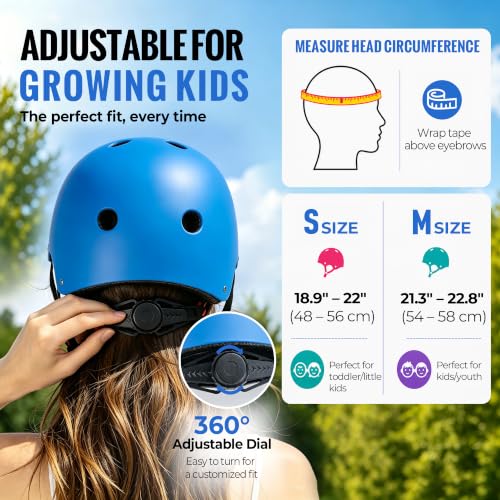 KOMOMOPLUS Kids Bike Helmet Blue M 21.3-22.8in Adjustable Dial Safe for Ages 8-14