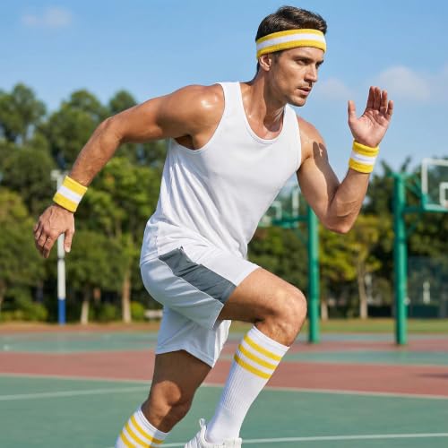 Striped Sweatbands and Socks Set - Yellow/White - 80s Accessories