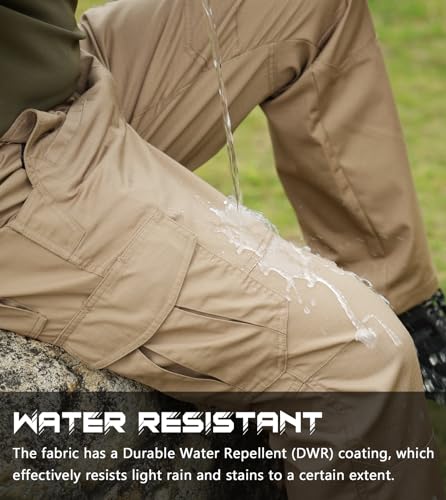Mens Tactical Cargo Pants Ripstop Water-Resistant Breathable Work & Hiking Pants, Dark Khaki, 34W x 32L