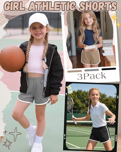 Girls Athletic Shorts - 3 Pack, Khaki + Light Heather Gray + Black, 11-12 Years