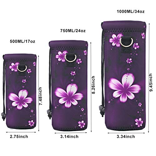 Neoprene Water Bottle Carrier Bag - Adjustable Strap, 500ml Purple Flowers