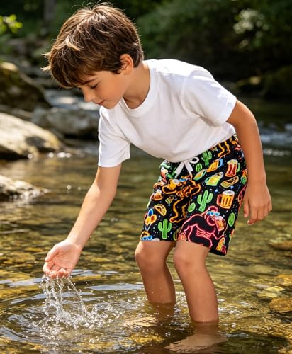 Boys Swim Trunks with Compression Liner - Neon Happy Gorilla, 10-12 Years