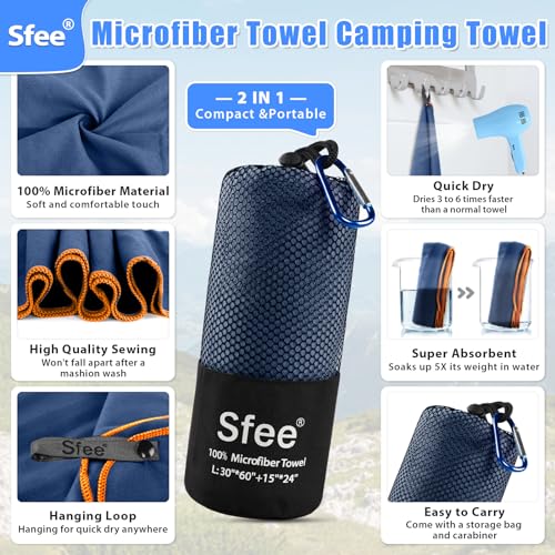 Microfiber Travel Towel Set - Quick Dry, Super Absorbent, 32" x 16" - Navy Blue