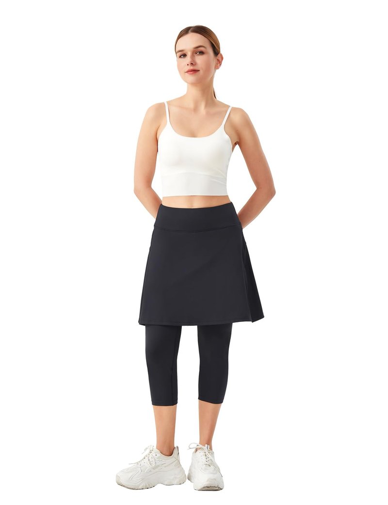 BELEROY Skirted Leggings for Women,Knee Length Leggings with Skirt Tennis Golf Athletic Skirt Legging with Zipper Pockets（Black,L）