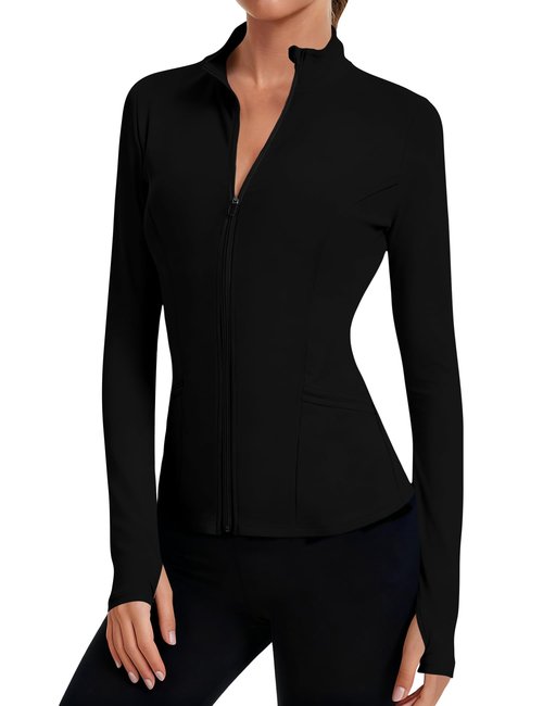 LOMON Cropped Jacket Women Black Zip Up Jacket Active Long Sleeve Tops for Women Running Shirts Gym Golf Compression Black XS