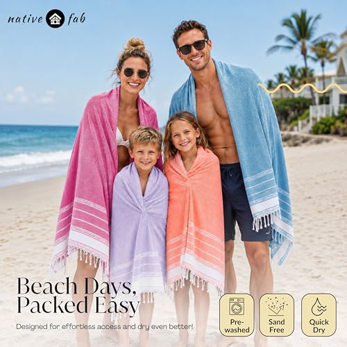Native Fab Mediterranean Diamond Beach Towels 6-Pack - Soft, Quick Dry, Sand-Free, Oversized Cotton Pool Towels for Adults & Travel