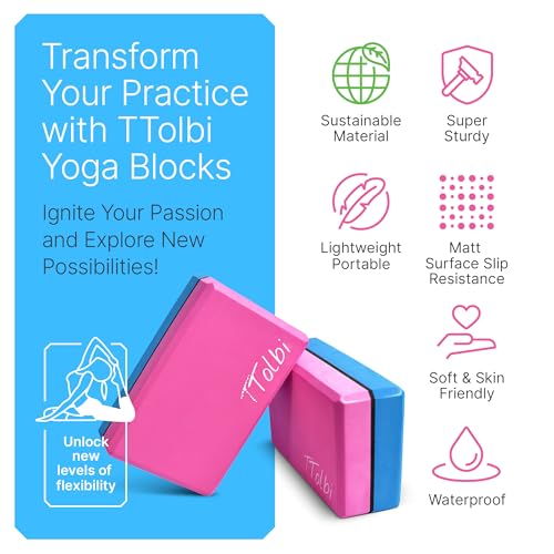 Yoga Blocks 2 Pack with Strap - Non-Slip EVA Foam - Pink/Blue & Stretch Band