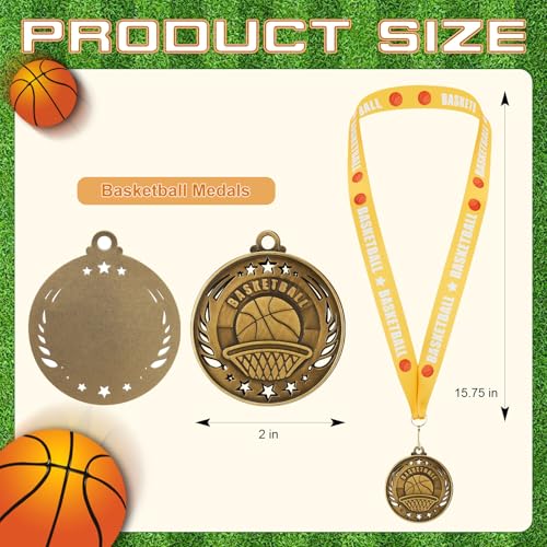 Gold Basketball Medals with Ribbons - 12 Pack, 2" Awards for Sports