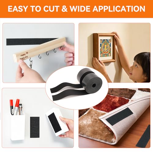 Black Heavy Duty Double-Sided Hook and Loop Tape 2in x 15ft - Self Adhesive Fastener Roll, Cuttable for Home, Office, Car, DIY