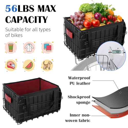 Folding Rear Bike Basket with Waterproof Liner Bag - 56 lb Capacity