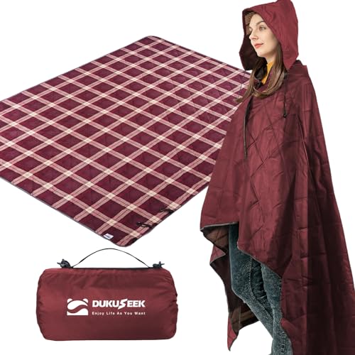 DUKUSEEK Waterproof Camping Blanket with Hood - Large Fleece Picnic Blanket for Outdoor, Stadium, Concerts, Car, Pet (Wine Red Plaid)