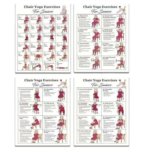 4-Piece Chair Yoga Exercise Poster Set - Gentle Seated Workout Charts