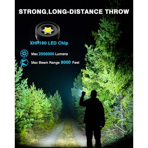 Super Bright Rechargeable Flashlights 2500000 High Lumens,Waterproof Tactical Powerful Led Flashlight Battery Powered with 5 Modes Zoomable Fast Charge,Handheld Flashlight for Camping