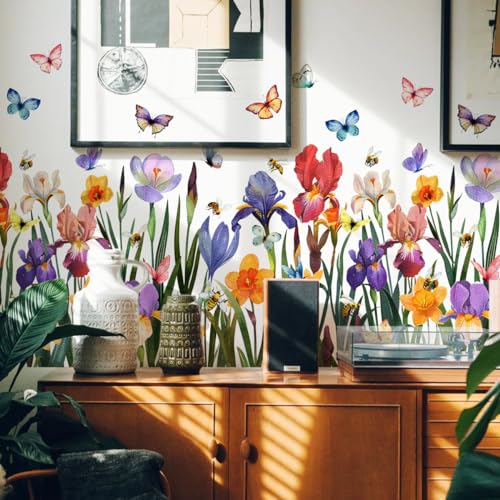 Runtoo Garden Flower Wall Art Decals Wildflower Floral Butterfly Wall Stickers Girls Bedroom Living Room Nursery Wall Decor