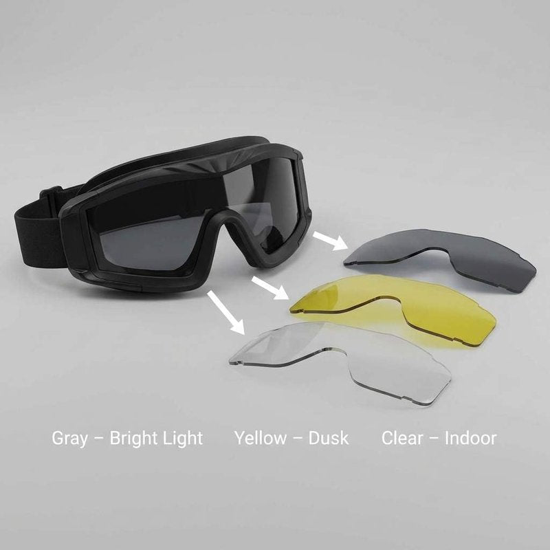 QWORK Outdoor Sports Military Airsoft Tactical Goggles with 3 Interchangable Lens for Riding, Black