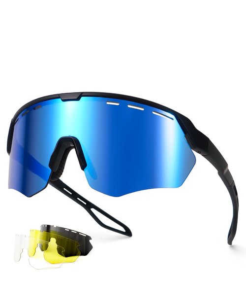 Meeloog Sports Sunglasses for Men Women Youth, UV Protection Wrap Around Glasses for Cycling Running Baseball Pickleball (P1 Black Frame/Blue Mirrored Lens)