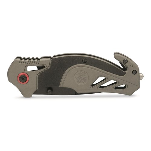 Smith & Wesson 8in High Carbon S.S. Spring Assisted Folding Knife with 3.25in Serrated Drop Point Blade and Rubberized Aluminum Handle for Outdoor Survival and EDC