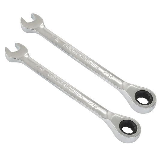Kyuionty 2 Pcs 7/16 Inch Ratchet Wrench Imperial Ratcheting Combination Wrench Set, 12 Point, 72 Teeth for Projects SAE Tight Spaces