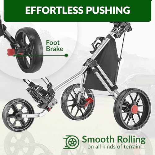 Lightweight Golf Push Cart - Aluminum 3-Wheel Foldable - Silver
