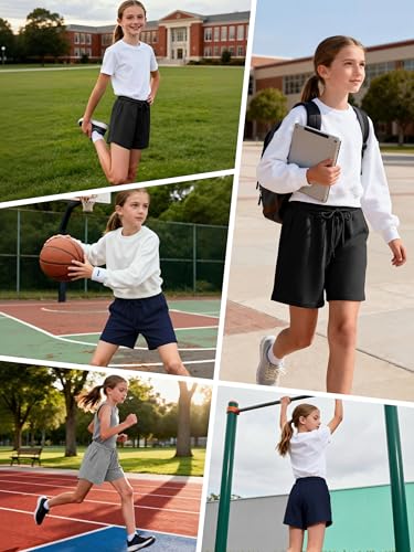Girls Athletic Sweat Shorts with Pockets - 11-12 Years, Black/Gray/White
