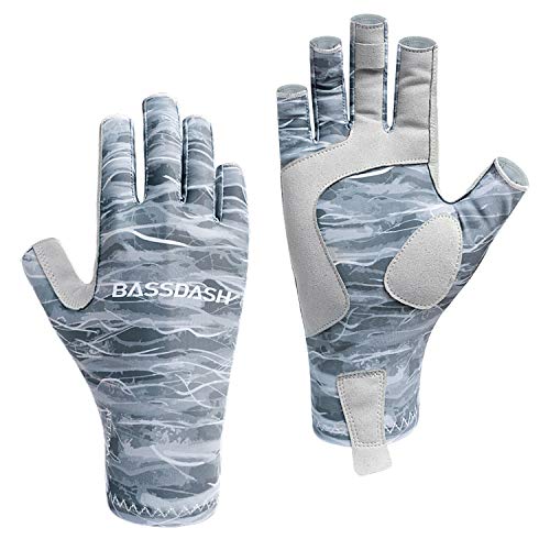 BASSDASH Altimate UPF 50+ Sun Protection Fishing Gloves - Grey Camo, Large