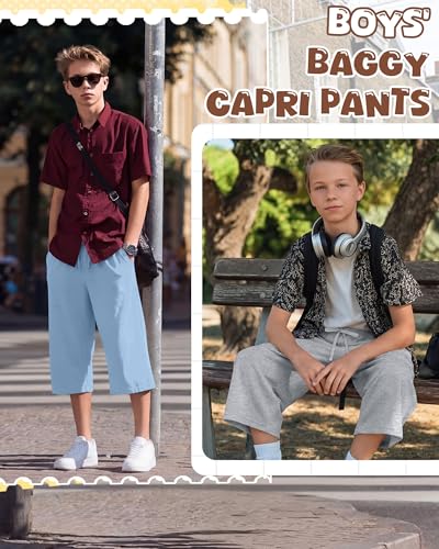 Boys Capri Sweatpants 3 Pack - Black, Light Gray, Blue, 9-10 Y