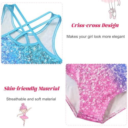 Idgreatim Girls' Shiny Sequin Gymnastics Leotard with Shorts - 6-7 Years, Blue