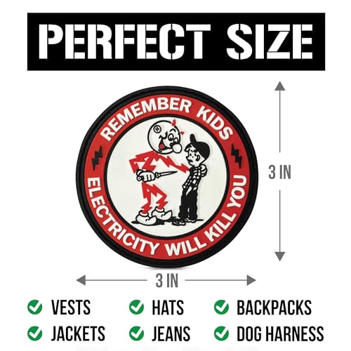 Epic Goods Circle Red PVC Patch - Remember Kids Electricity Will Kill You - Funny Lineman Patch
