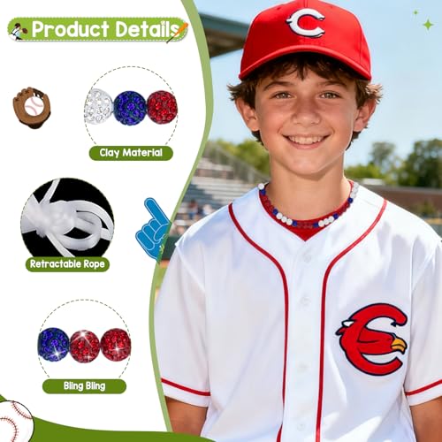 18 Inch Stretch Elastic Baseball Necklace - Red/Royal Blue/White