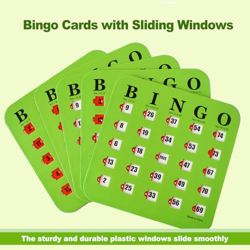 Yuanhe Reusable Travel Bingo Cards with Sliding Windows, 25 Pack, Green, 6.8" x 6.8"