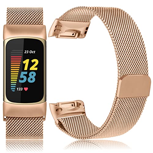 Vanjua Rose Gold Stainless Steel Mesh Loop Replacement Strap for Fitbit Charge 6