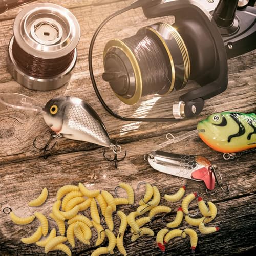 Rubber Fishing Maggots Bait Set - 20 Hooks + 30 Soft Worms