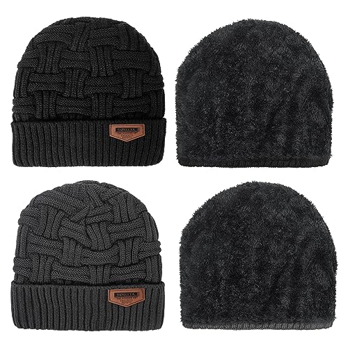 Loritta Men's Thick Warm Slouchy Beanie Skull Cap 2-Pack, One Size, Black & Gray