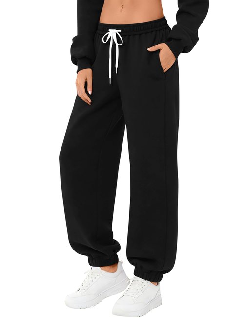 LOMON Sweatpants Women Fleece Joggers Wide Leg Sweat Pants Baggy Gym Workout Sweatpant Winter Spring Inner Drawstring Clothes with Pockets (Black, S)