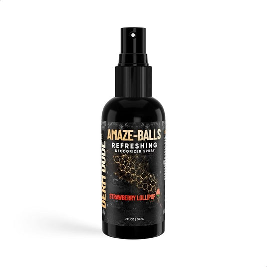 Derm Dude Amaze Ball Deodorant Spray for Men | Anti-Chafing Groin & Sack Spray with DeoPlex & Aloe Vera | Odor & Sweat Control for Private Parts | Strawberry Lollipop Scent, Talc-Free, 2oz