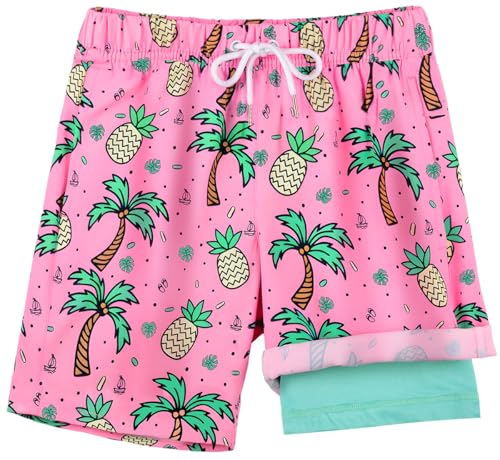 Boys Swim Trunks with Compression Liner - UPF 50+, Quick Dry, 10 Years / Pink Pineapple