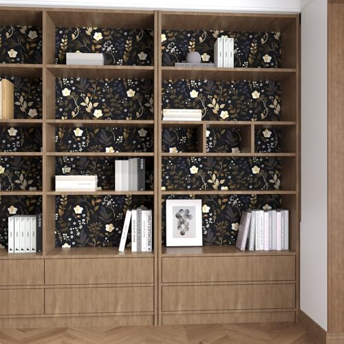 Gold Leaf Peel and Stick Wallpaper Boho Leaf Contact Paper Dark Floral Removable Self Adhesive Waterproof Wall Paper for Cabinet Drawers Wall Decor Renter Friendly 17.5''x118.1''