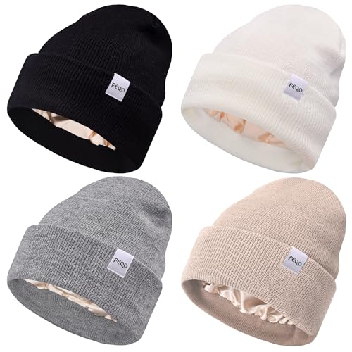 FEQO 4 Pack Satin Lined Beanies - Soft Silk Lined Winter Hats, Black/White/Gray/Oatmeal