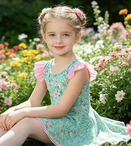 Girls Ballet Leotard Dress with Ruffled Sleeve - Green Flower (4-5T)