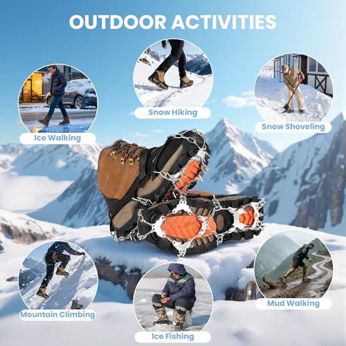 AOOELLO Black Large Ice Crampons with 28 Stainless Steel Spikes for Hiking & Mountaineering