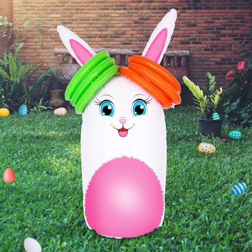 Outdoor Easter Bunny Ring Toss Game with Inflatable 34-Inch Bunny and 6 Rings