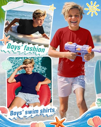 Boys' Rash Guard Swim Shirts - 3 Pack, Red, Navy, Black - 9-10 Years