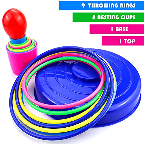 Ring Toss Game Set - 9 Soft Plastic Rings & Rainbow Cup