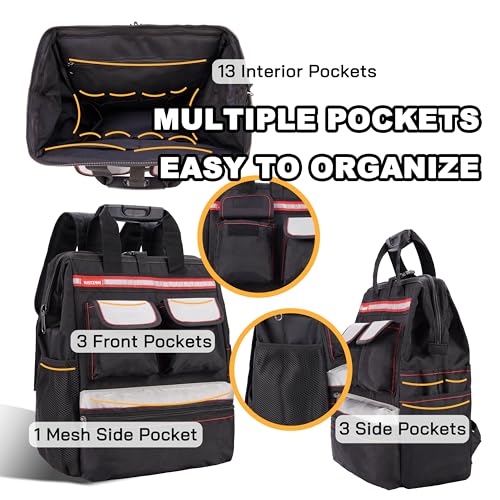 Backpack Tool Bag with Padded Back Support Heavy Duty Tool Kit Carrier Storage Bags for Electrician, Plumber, HVAC, Cable Repairman